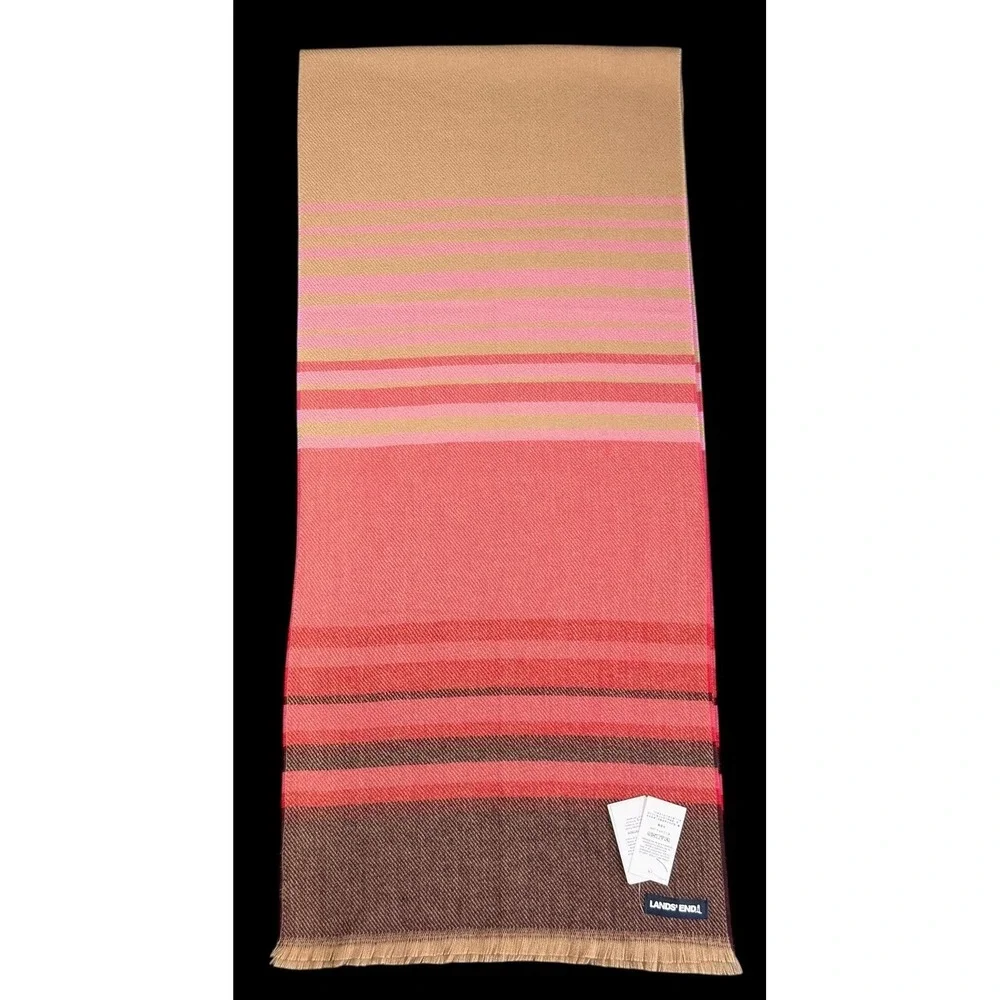 Land's End Women's Oblong Scarf Stripe Red Pink Tan Knit Classic 15 X 70 NWT
